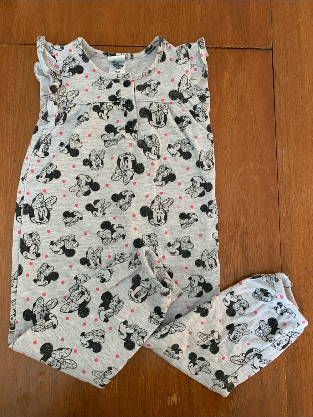 🫐3/$30 Disney Gray Minnie Mouse Romper with Pink Dots size 18m